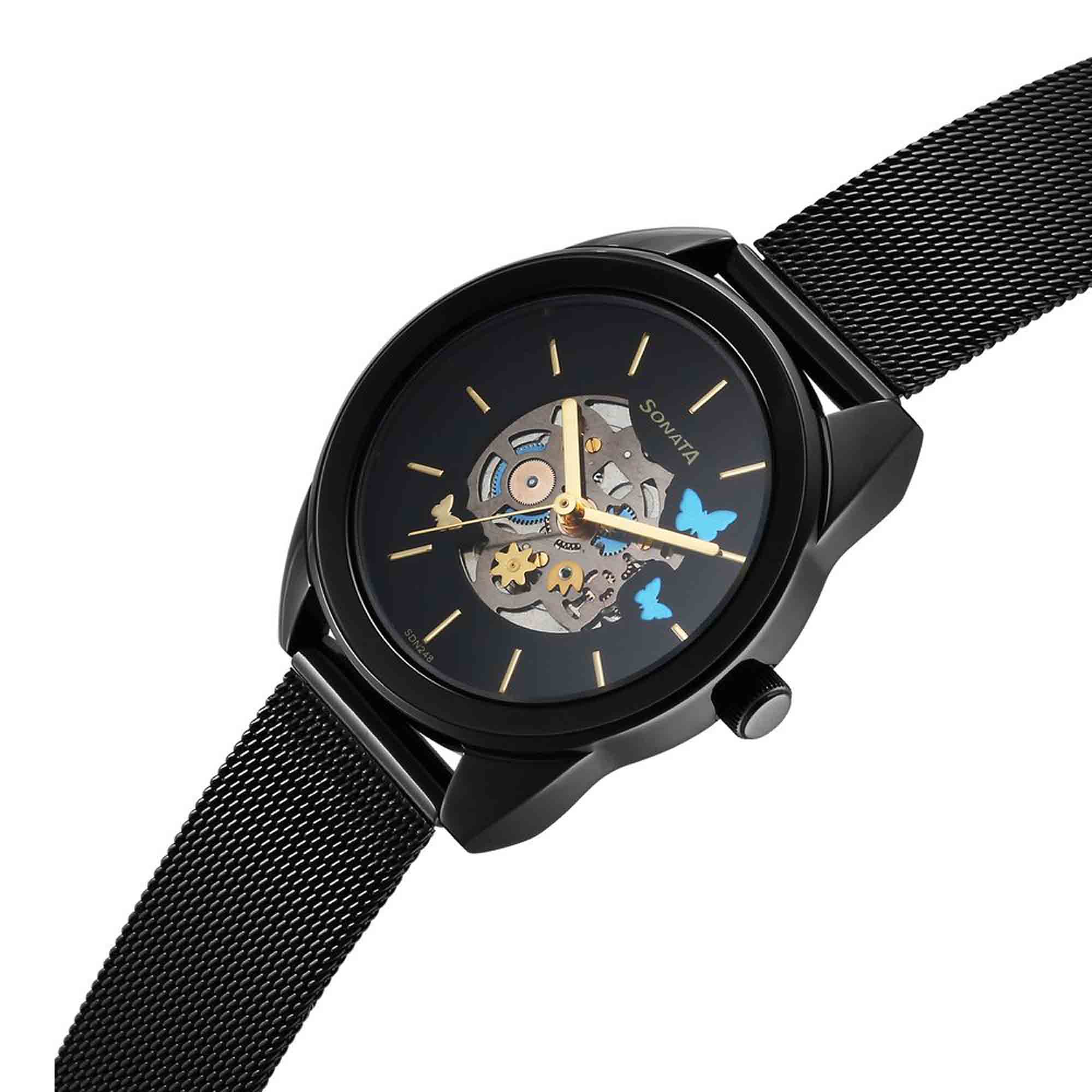 Sonata Unveil Quartz Multifunction Black Dial Stainless Steel Strap Watch for Women