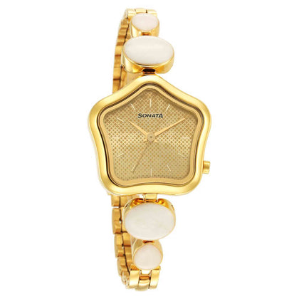 Sonata Utsav Beige Dial Yellow Bi Metal Strap Watch for Women