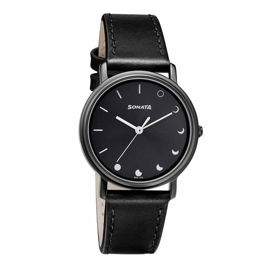 Sonata Play Black Dial Women Watch With Leather Strap