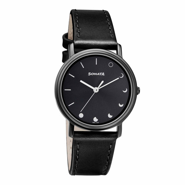 Sonata Play Black Dial Women Watch With Leather Strap