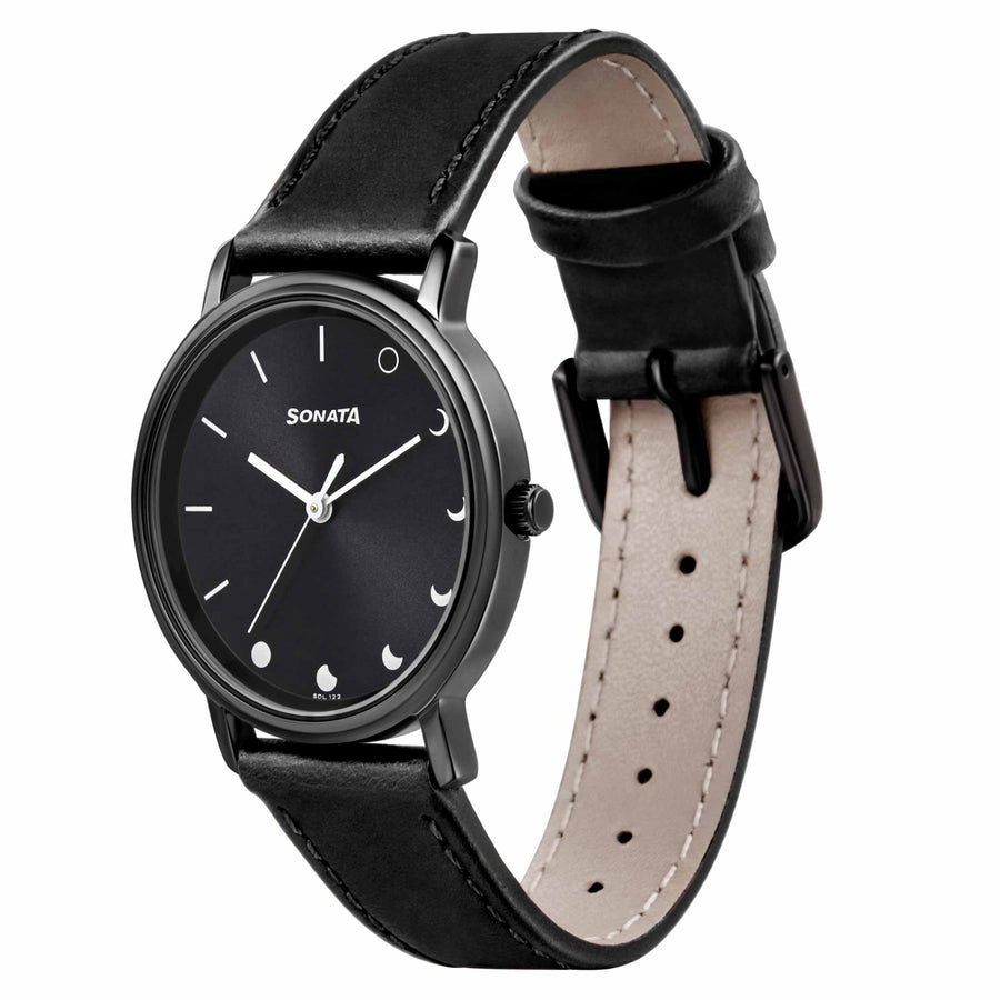 Sonata Play Black Dial Women Watch With Leather Strap
