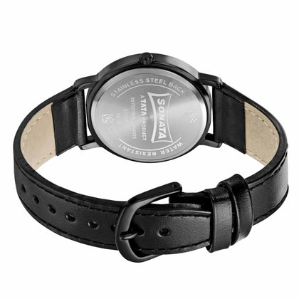 Sonata Play Black Dial Women Watch With Leather Strap