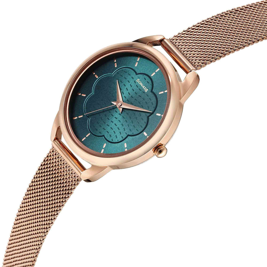 Sonata Wedding Quartz Alog Green Dial Stainless Steel Strap Watch for Women