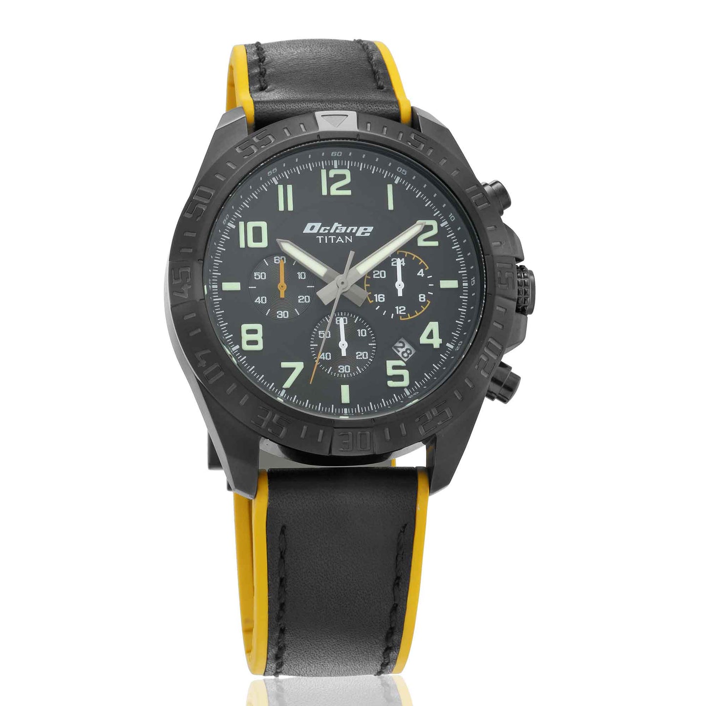 Titan Octane Hyper Lume Black Dial Chronograph Leather Strap watch for Men