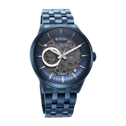 Titan Metal Mechanicals Blue Dial Analog Stainless Steel Strap Watch for Men