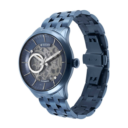 Titan Metal Mechanicals Blue Dial Analog Stainless Steel Strap Watch for Men