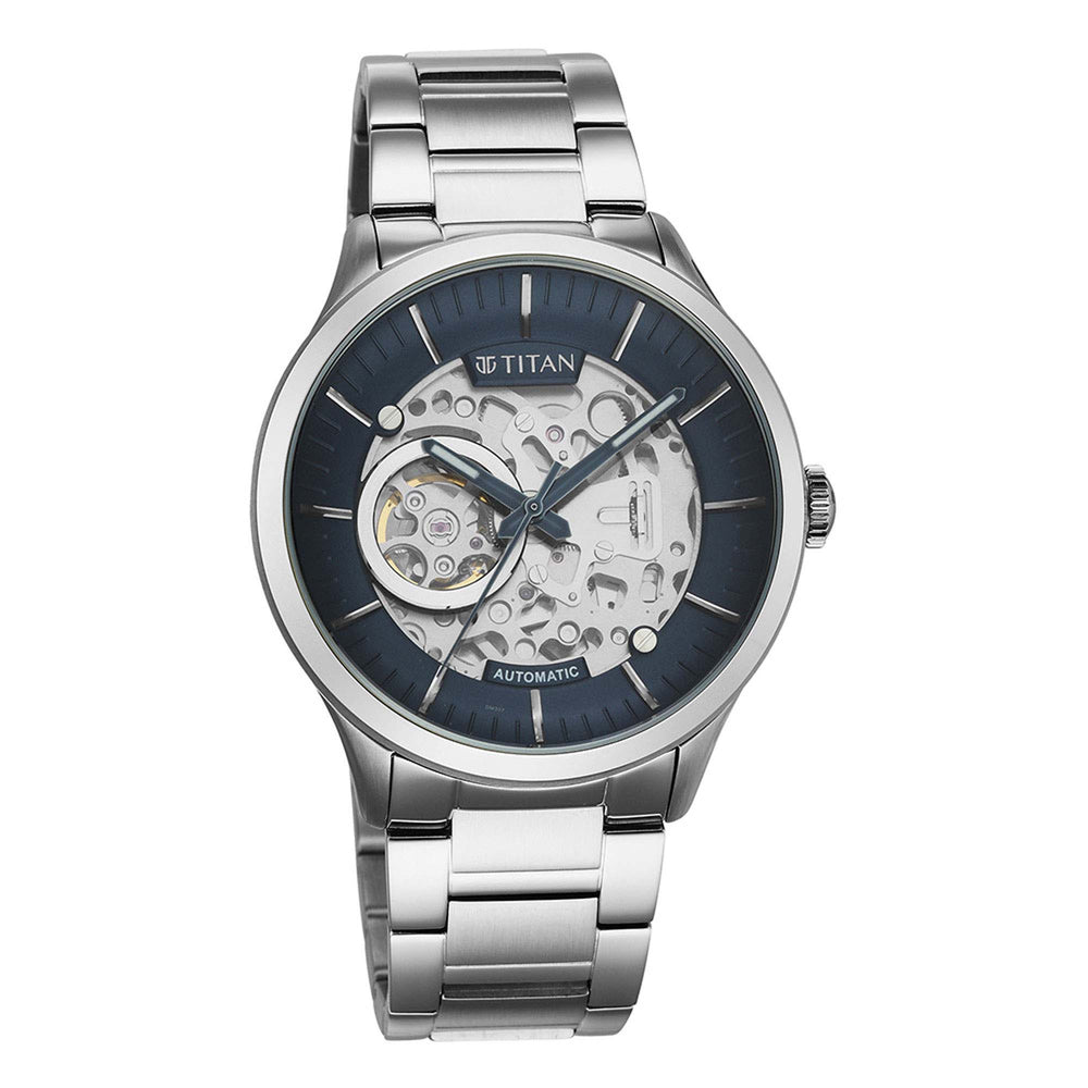 Titan Metal Mechanicals Blue Dial Automatic Stainless Steel Strap watch for Men