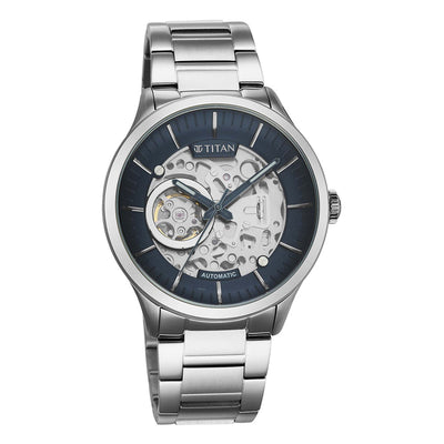 Titan Metal Mechanicals Blue Dial Automatic Stainless Steel Strap watch for Men