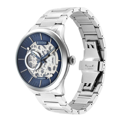 Titan Metal Mechanicals Blue Dial Automatic Stainless Steel Strap watch for Men