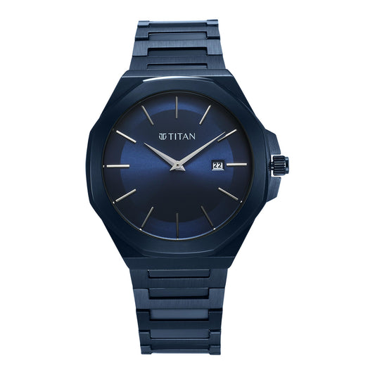 Titan Classique Slim Quartz Analog with Date Blue Dial Stainless Steel Strap Watch for Men