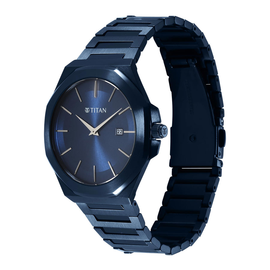Titan Classique Slim Quartz Analog with Date Blue Dial Stainless Steel Strap Watch for Men