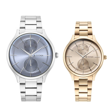 Titan Quartz Analog Silver Dial Stainless Steel Strap Watch for Couple
