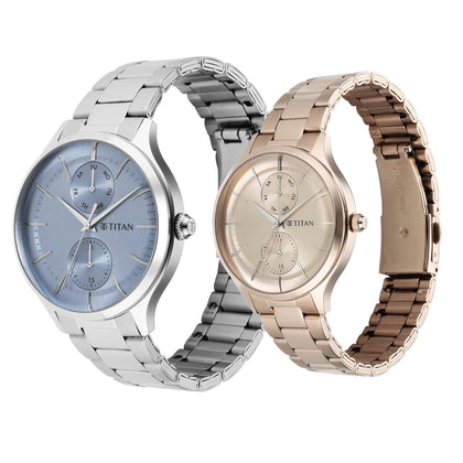 Titan Quartz Analog Silver Dial Stainless Steel Strap Watch for Couple