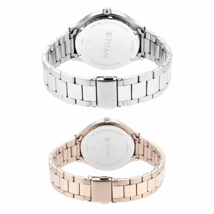 Titan Quartz Analog Silver Dial Stainless Steel Strap Watch for Couple