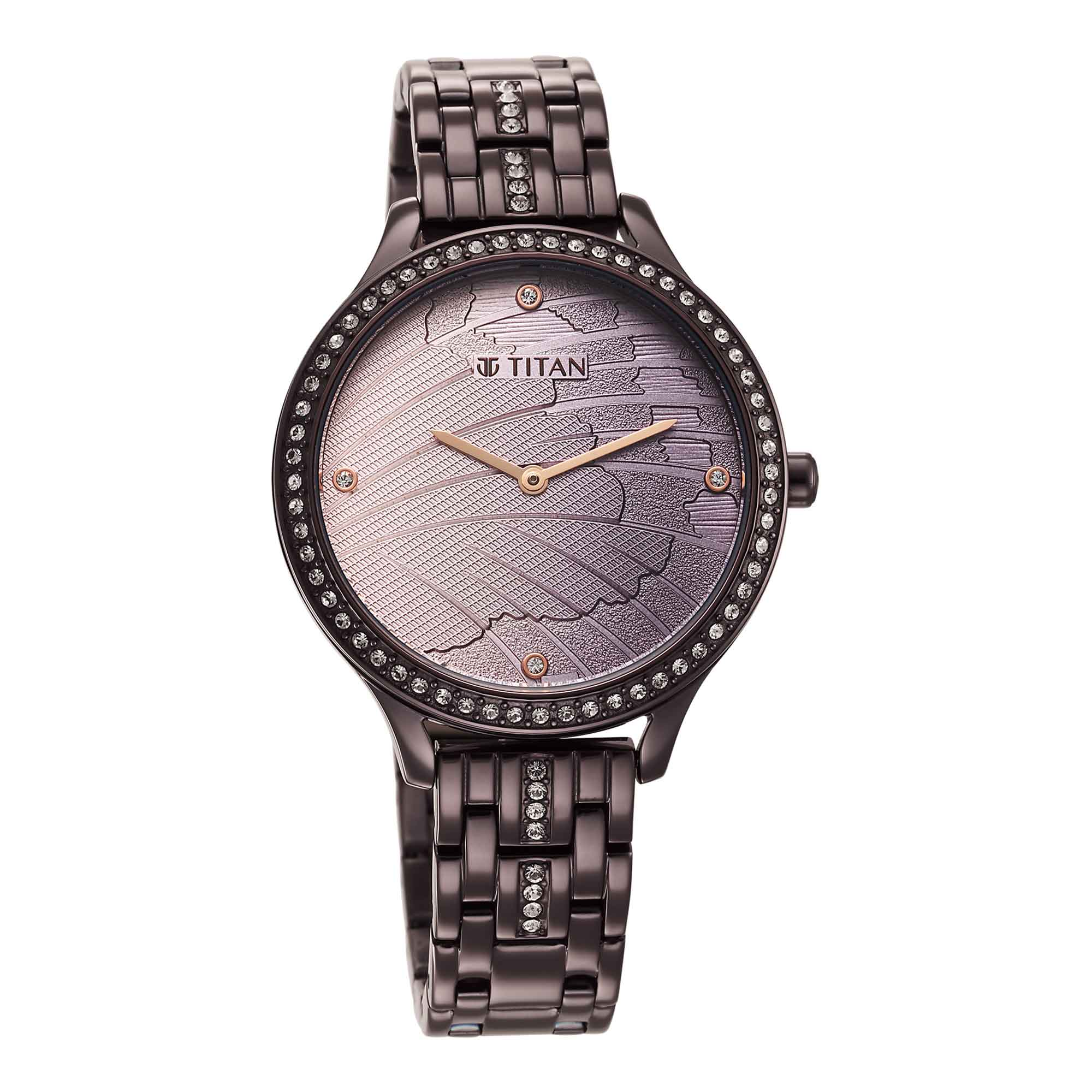 Titan Glitz Purple Dial Analog Stainless Steel Strap Watch for Women