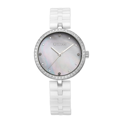 Titan Purple Ceramics Quartz Analog Mother of Pearl Dial White Ceramic Strap Watch For Women