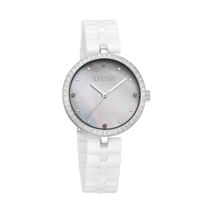 Titan Purple Ceramics Quartz Analog Mother of Pearl Dial White Ceramic Strap Watch For Women