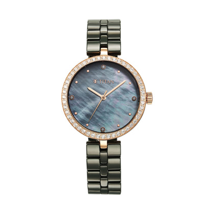 Titan Purple Ceramics Quartz Alog Mother of Pearl Dial Green Ceramic Strap Watch For Women (95215KC04)