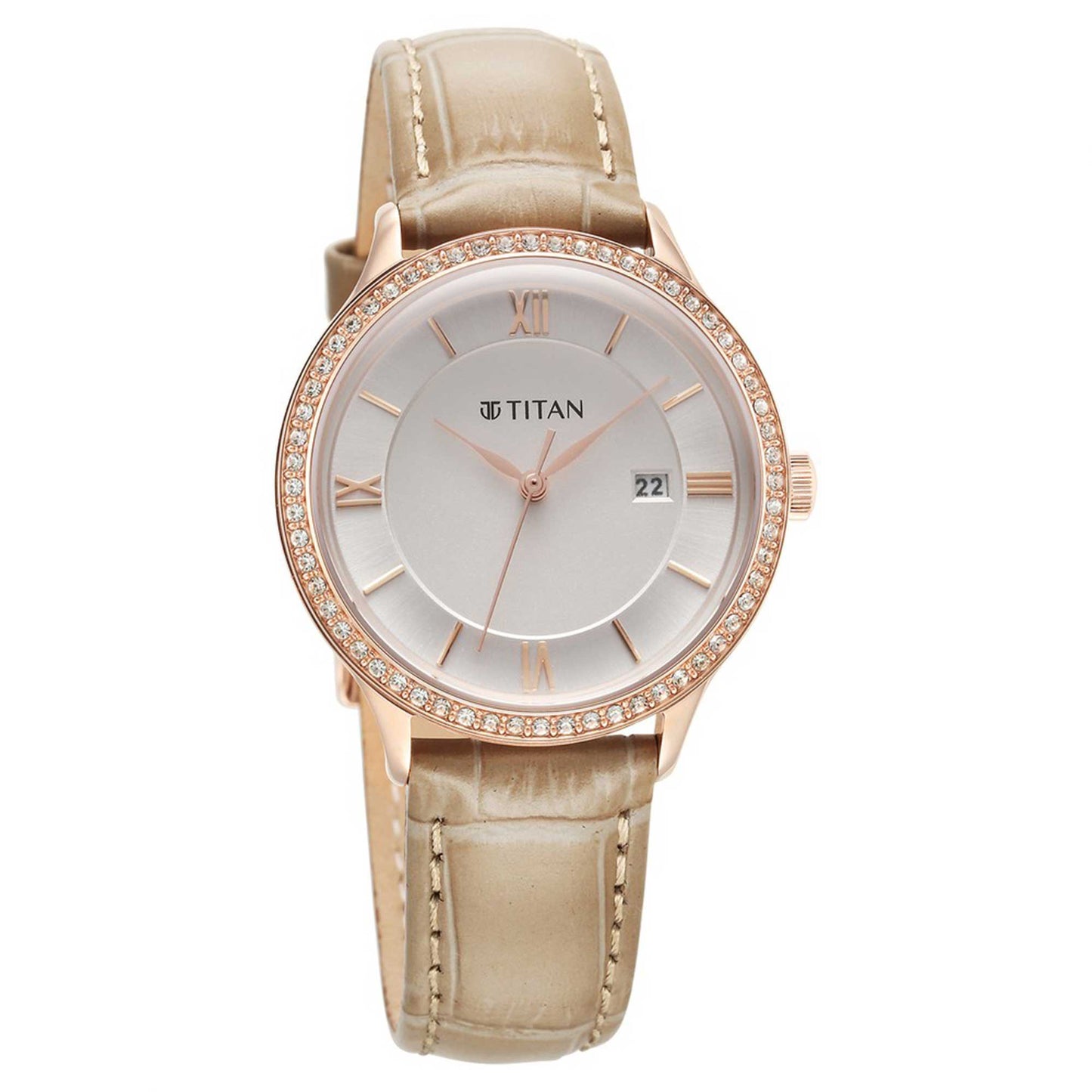 Titan Bright Leathers Silver Dial Analog with Date Leather Strap Watch for Women