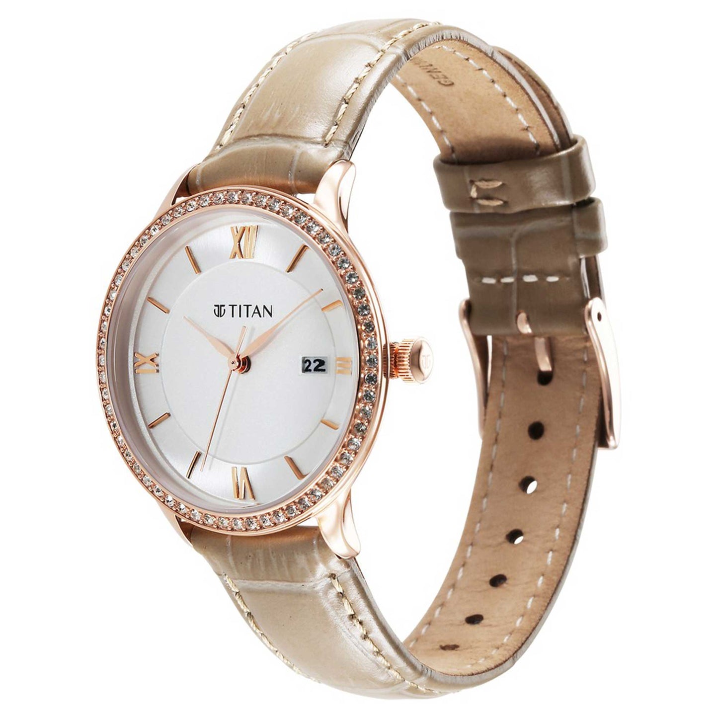 Titan Bright Leathers Silver Dial Analog with Date Leather Strap Watch for Women