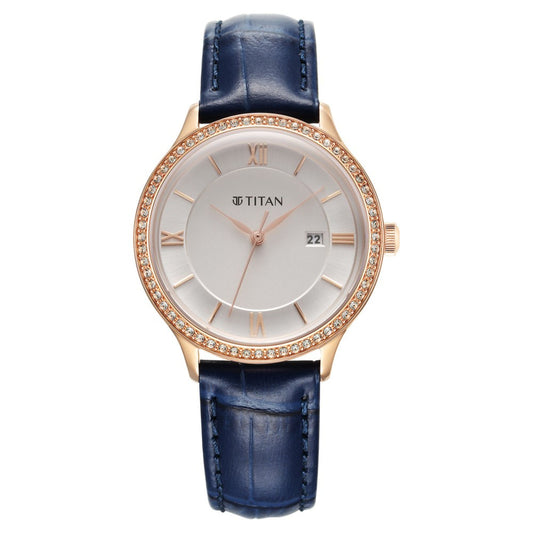 Titan Bright Leathers Quartz Analog with Date Silver Dial Leather Strap for Women